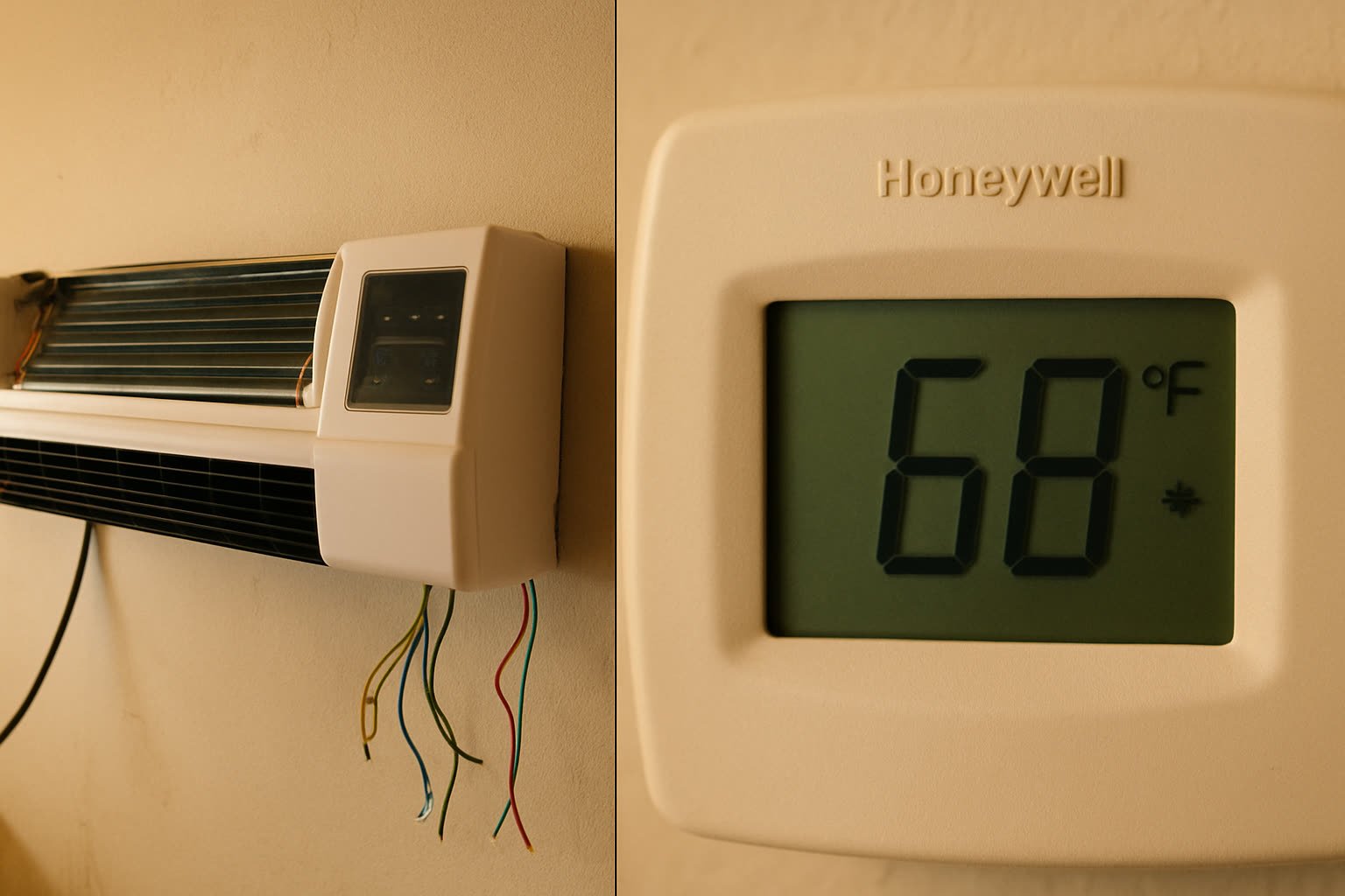 The early prototype on the garage wall, and the thermostat reading 68°F four minutes later.